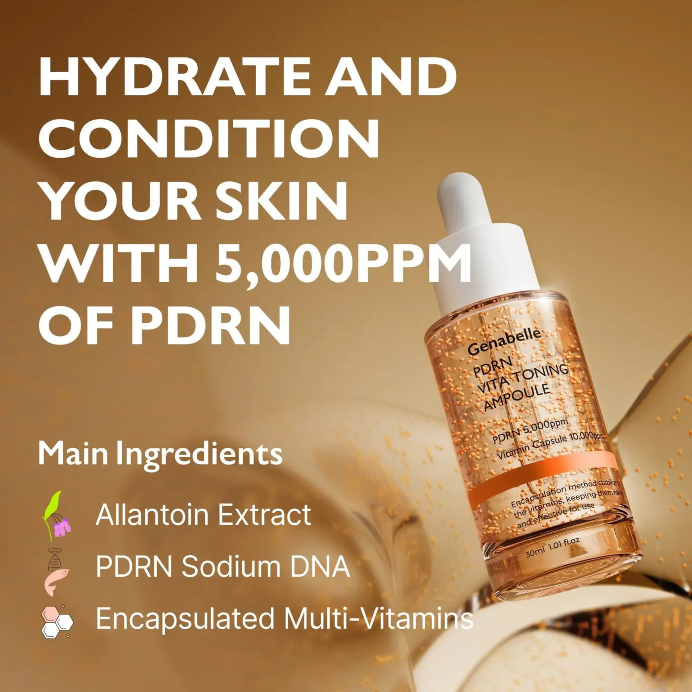 A clear glass bottle with white dropper cap containing golden liquid labeled genabelle vita toning pdrn ampoule 30ml