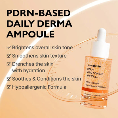 Genabelle vita toning pdrn ampoule 30ml in clear glass bottle with orange liquid and white dropper cap