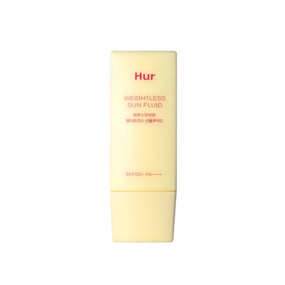 A pale yellow rectangular bottle of hur weightless sun fluid sunscreen with red text and spf50 plus pa++++ labeling