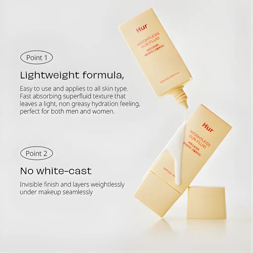 Creamy beige weightless sun fluid sunscreen bottles with sleek minimalist design and white pump nozzles spf 50+ pa++++