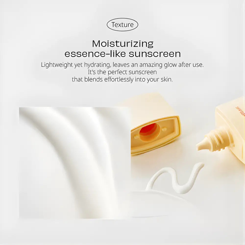 Creamy light beige moisturizing weightless sun fluid spf 50 plus pa plus plus in a white and gold tube with fine nozzle