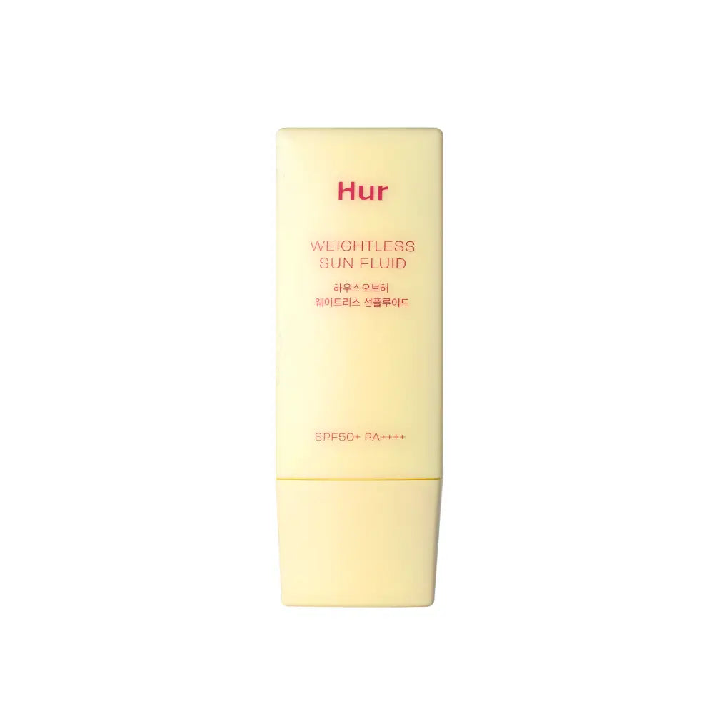 A pale yellow rectangular bottle of hur weightless sun fluid sunscreen with spf50+ pa++++ labeling