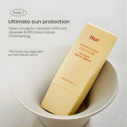A pale yellow sleek rectangular tube of weightless sun fluid sunscreen with spf 50 plus pa plus plus plus labeling
