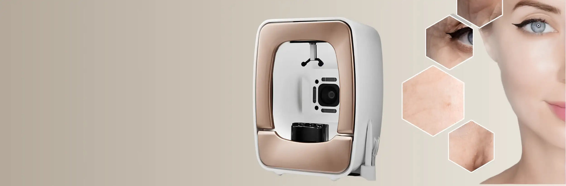 White and rose gold facial skin analysis device with a sleek, modern design.
