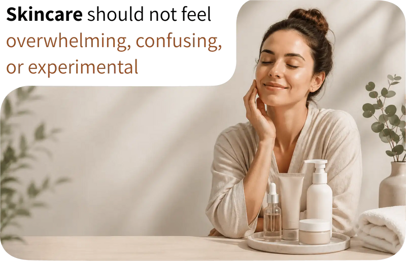 A woman in a beige robe gently touches her cheek, surrounded by minimalist skincare products on a tray.