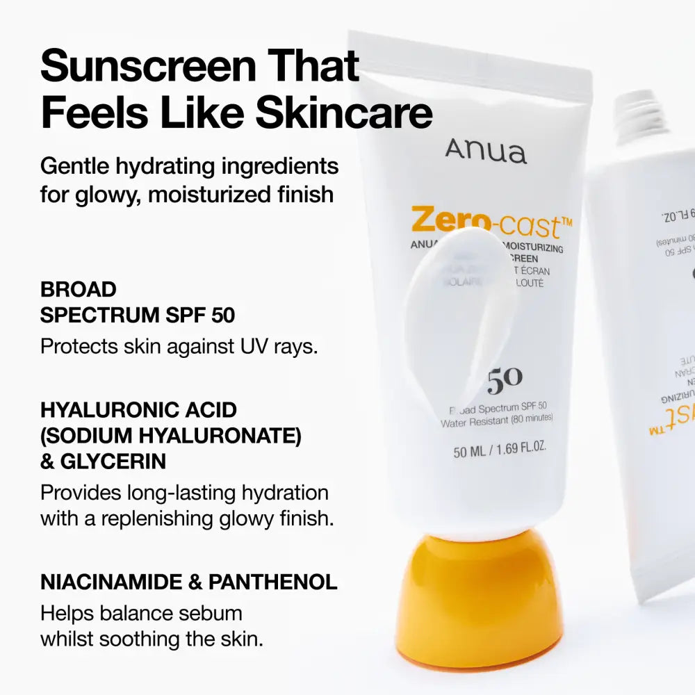 White anua zero cast sunscreen tube with orange pump cap featuring hydrating ingredients for a moisturizing finish SPF50 plus PA++++ in authentic k-beauty korean skincare south africa