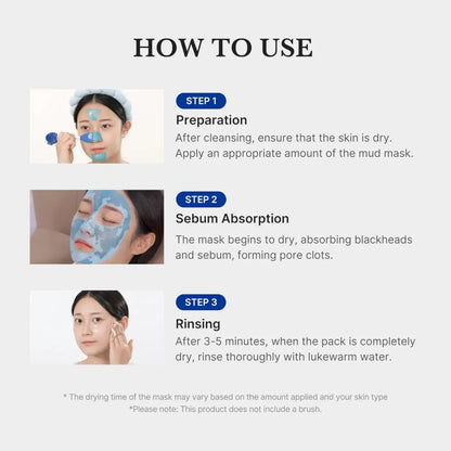 Blue pore blackhead mud mask applied to face showing zero pore blackhead mud mask 100g usage