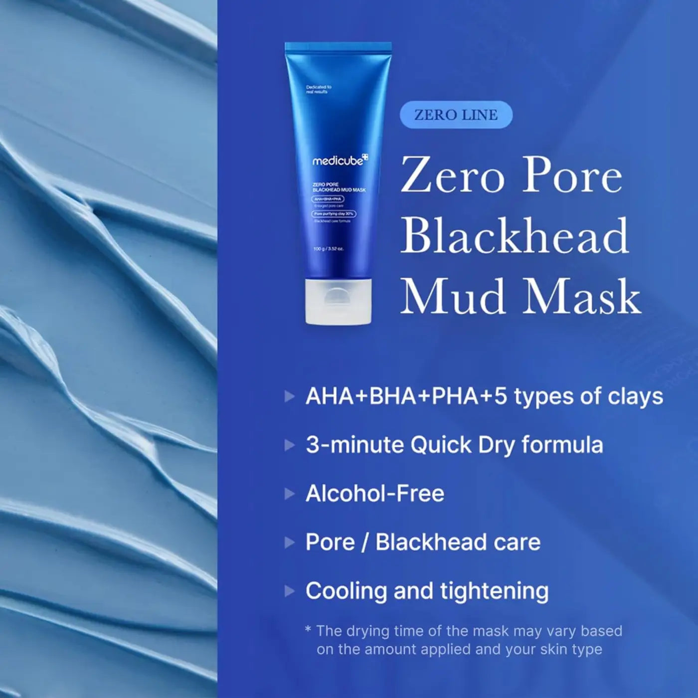 A sleek blue tube of medicube zero pore blackhead mud mask 100g with white cap and minimalist branding