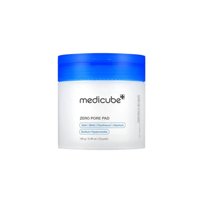 A white cylindrical medicube zero pore pad container with a blue lid for authentic korean skincare south africa