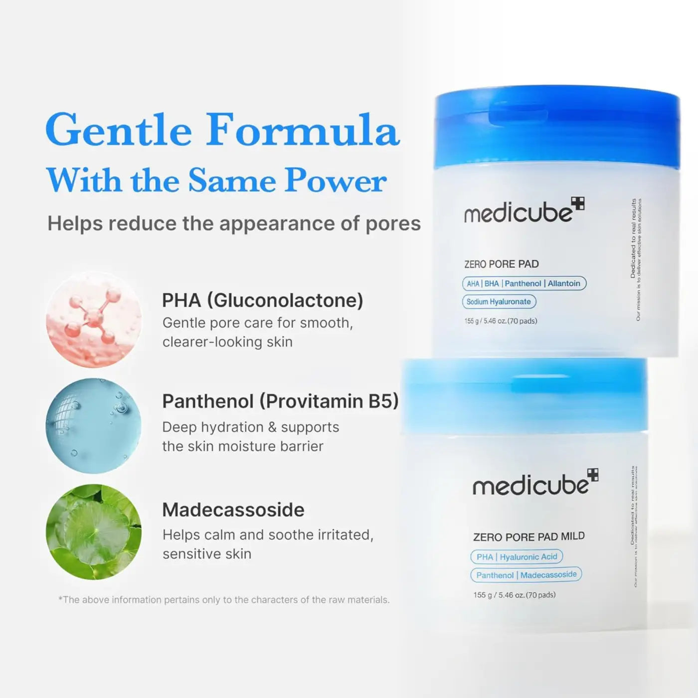 Two translucent white jars with bright blue lids labeled medicube zero pore pad and zero pore pad mild for gentle pore care