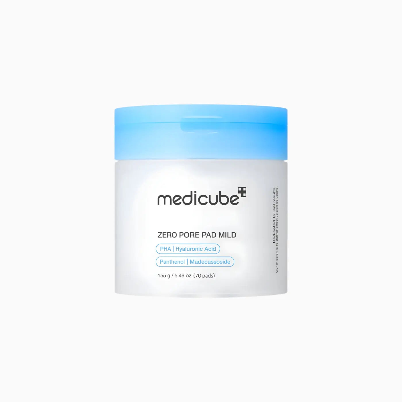 A translucent white cylindrical jar with a light blue lid containing 70 medicube zero pore pad mild pads for gentle exfoliation