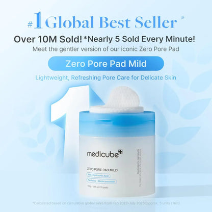 White cylindrical medicube container with blue lid featuring zero pore pad mild skincare product label