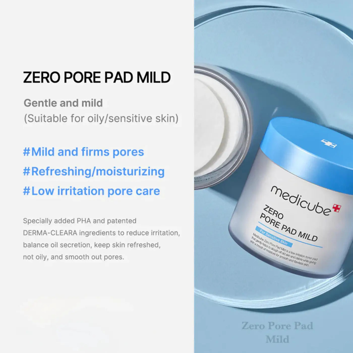 A sleek white jar with a vibrant blue lid of medicube zero pore pad mild pore pad mild product packaging