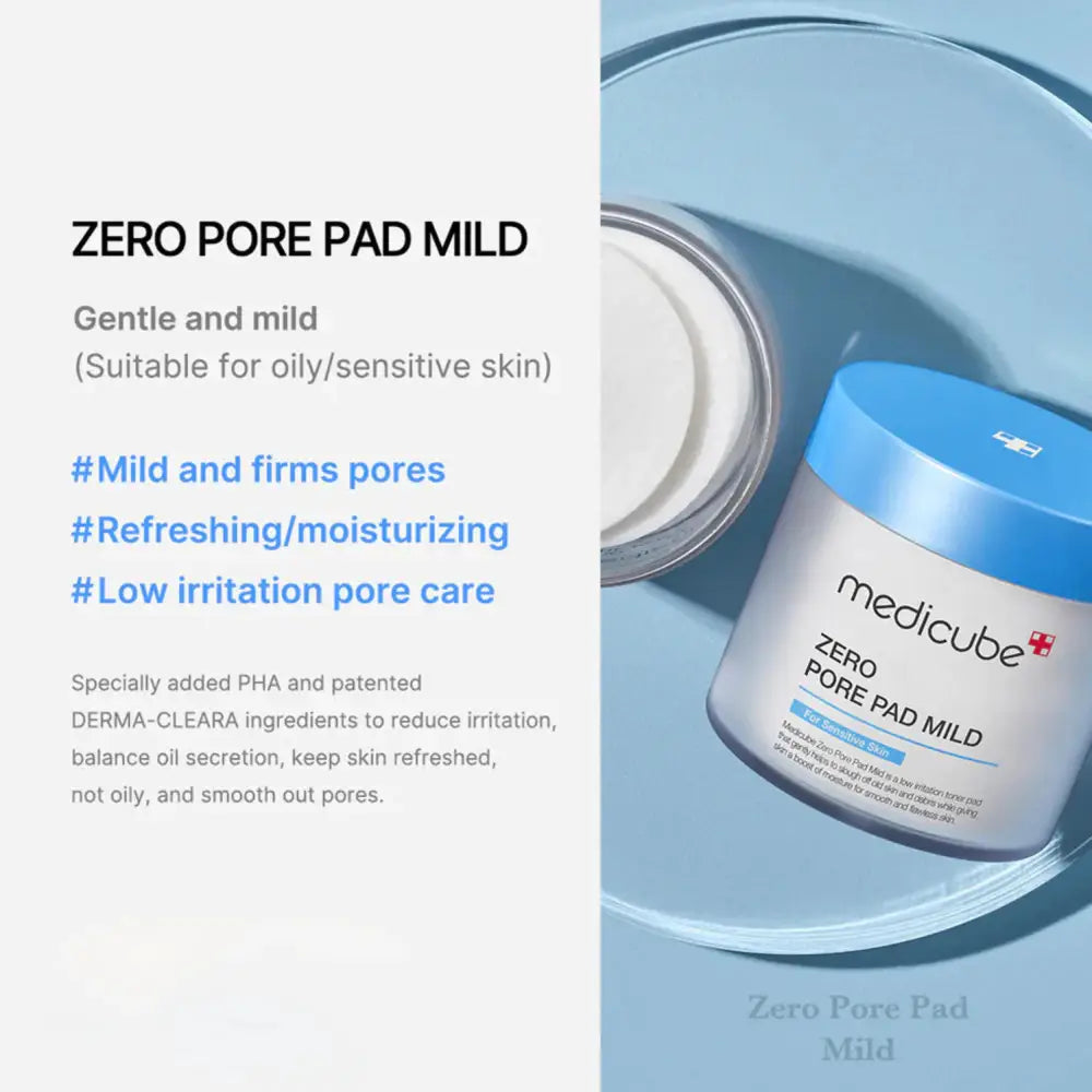 A sleek white jar with a vibrant blue lid of medicube zero pore pad mild pore pad mild product packaging