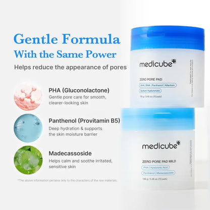 Two translucent white jars with bright blue lids labeled medicube zero pore pad and zero pore pad mild for gentle pore care