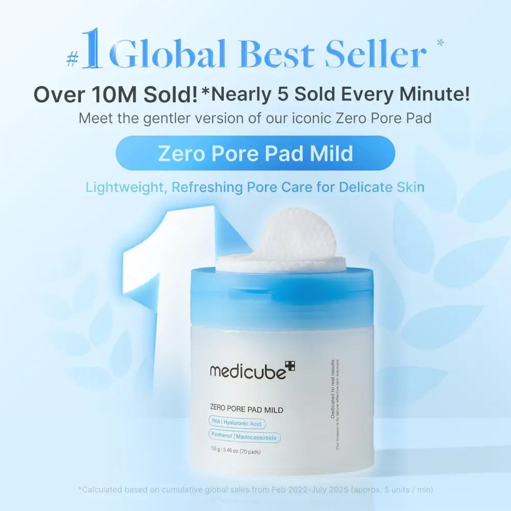 White cylindrical medicube container with blue lid featuring zero pore pad mild skincare product label